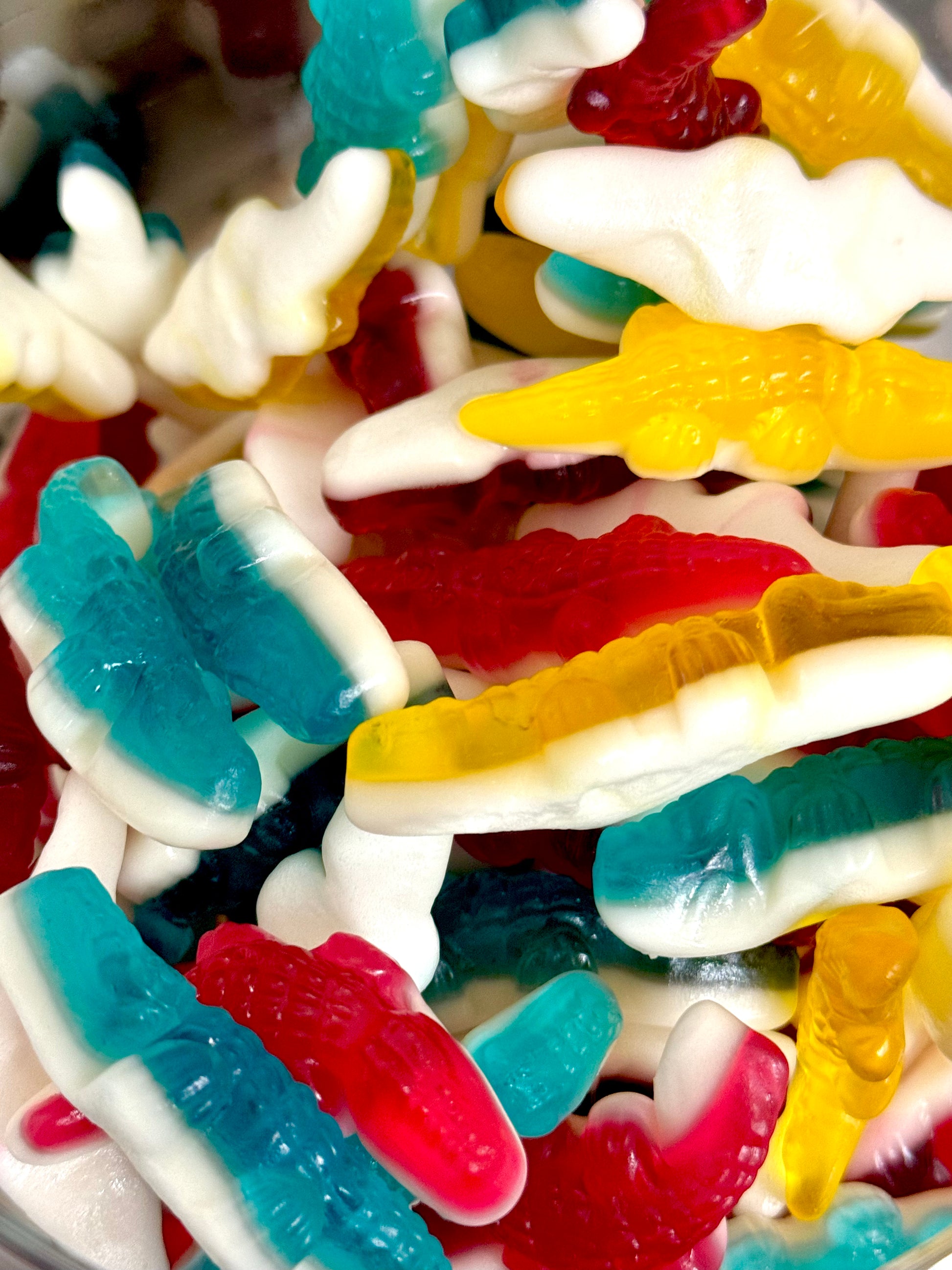 Mix of red, yellow and blue gummy crocodiles 