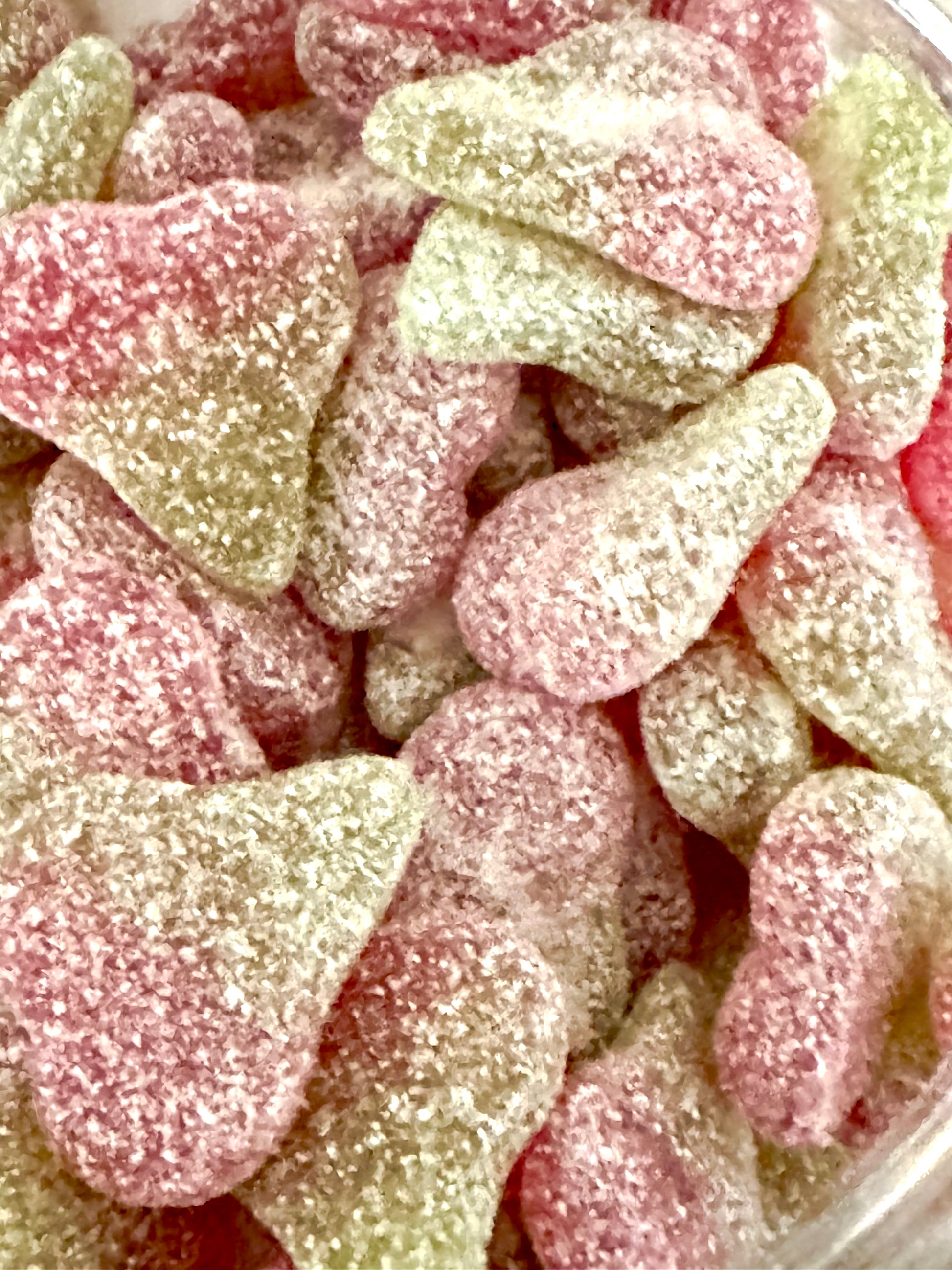 Delicious looking fizzy twin cherry sweets 